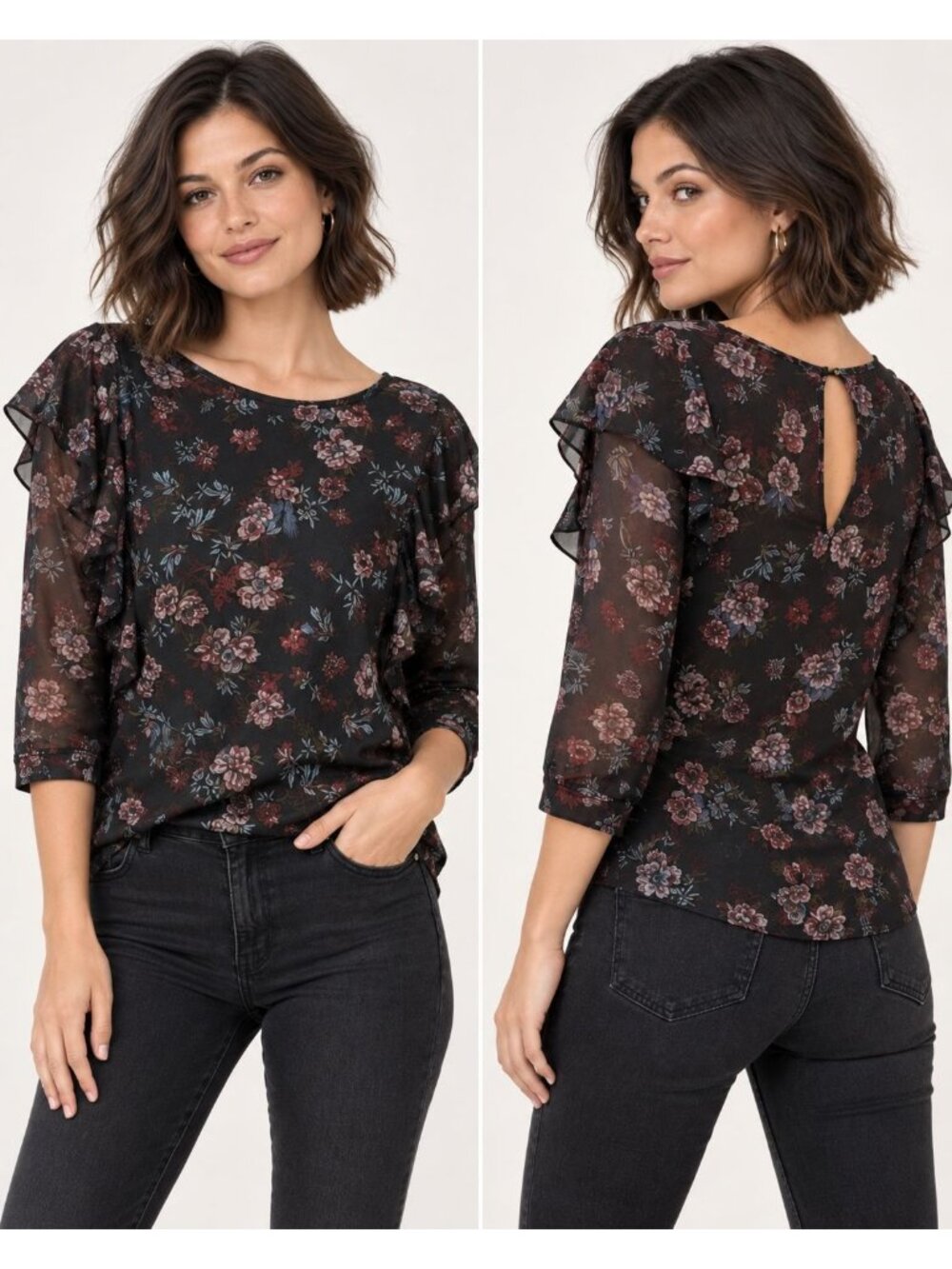 Free People Womens Dock Street Black & Red Boho Floral Ruffle Top Size Large